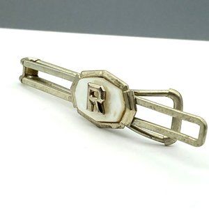 Vintage Elegant Letter R Tie Bar Slide, Art Deco Dimensional Initial Clip, Silve